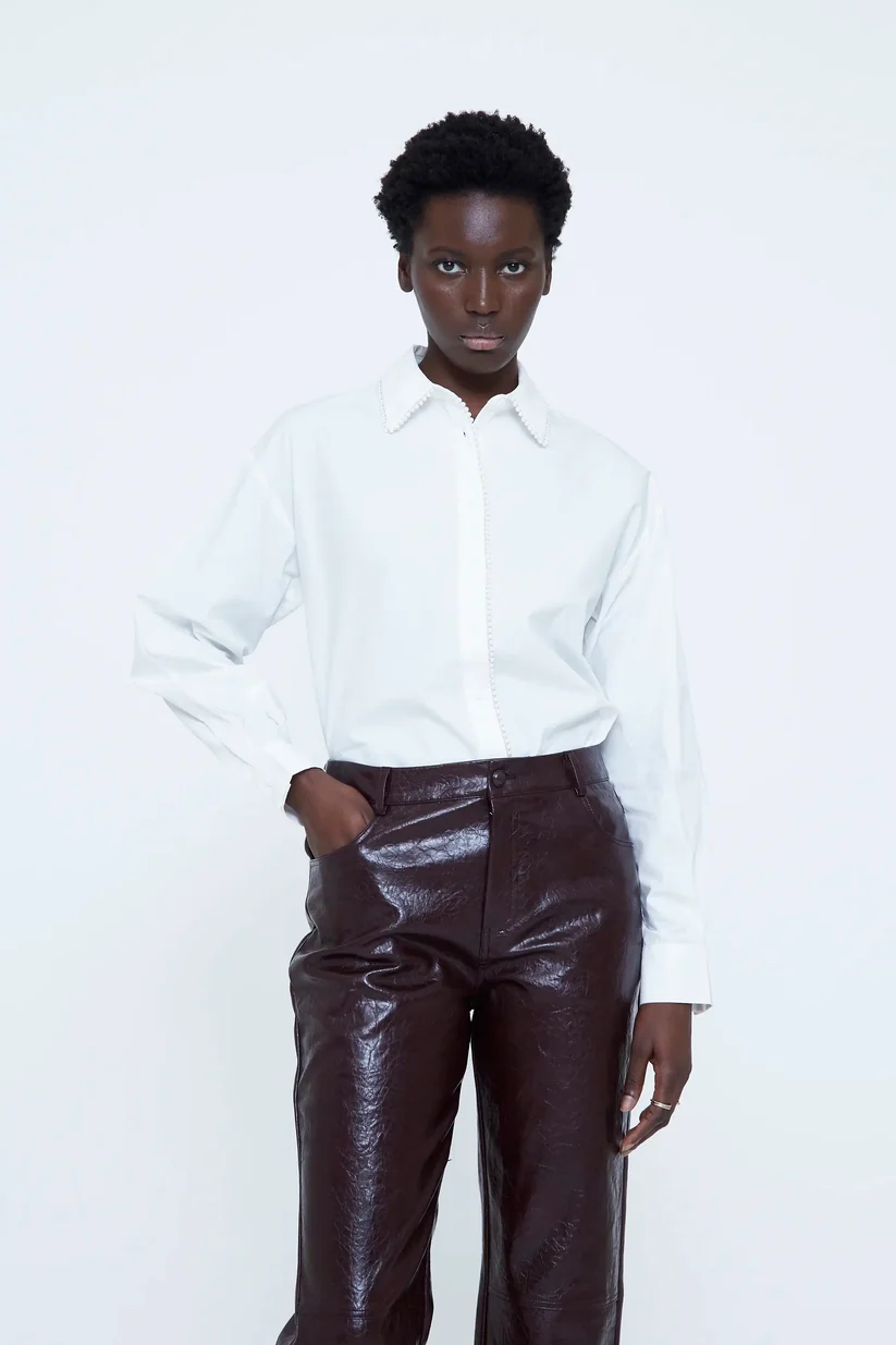 Camisa blanca 100% algodón con detalle de perlas
